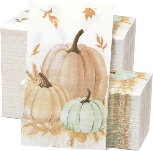 Miniatura 8 de Sinmoe 200 servilletas de papel de calabaza de Acción de Gracias, toallas de mano desechables para baño, toalla de papel decorativo para invitados
