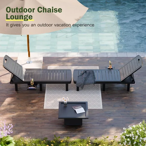 Miniatura 8 de CDCASA Chaise Lounge al aire libre, sillas de piscina multifuncionales con 5 posiciones ajustables y bandeja lateral, salas de resina impermeables