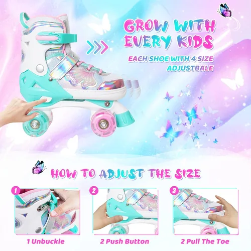 Miniatura 15 de MammyGol Patines de ruedas para niños y niñas, patines ajustables para niños con hermosas mariposas, principiantes de 3 a 16 años de edad, patines