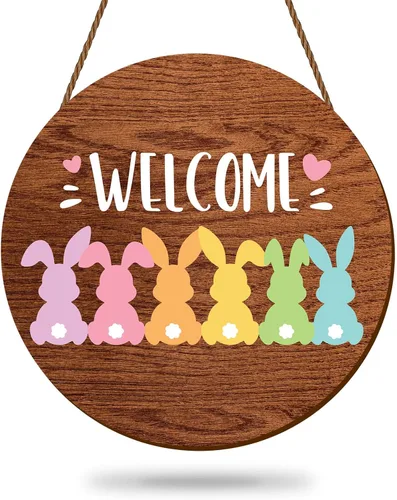 Whaline Letrero colgante de madera de Pascua, colorido conejo, conejo, letrero de madera de bienvenida, decoración de puerta de primavera, corona