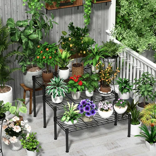 Miniatura 2 de Xiofio Escalera de 3 niveles en maceta, múltiples plantas para soportes de plantas de interior y exterior, estantes ajustables y estantes