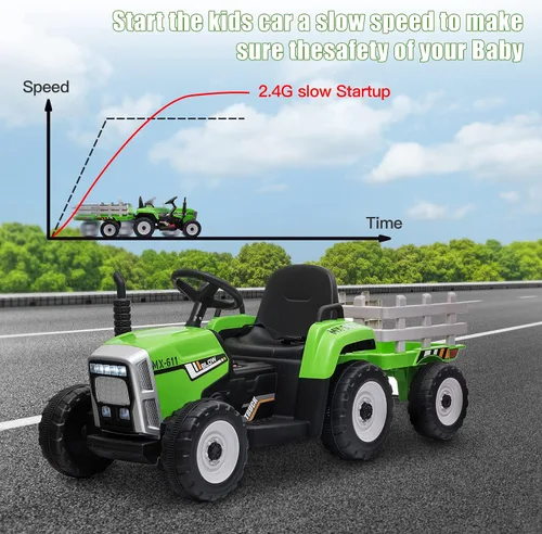 Miniatura 3 de SEHOMY Tractor de paseo para niños con remolque y motores duales de 25W, vehículo de juguete eléctrico para niños alimentado por batería de 12V