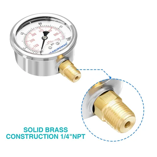 Miniatura 5 de MEASUREMAN Medidor de presión relleno de líquido de 0-100 psi/kpa con adaptador de manómetro de latón 1/4NPT hembra, 2-1/2 OAL x 1-2/5 "x 1/8" sonda