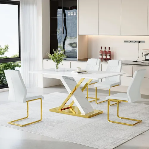 Miniatura 20 de Juego de mesa de comedor de mármol para mesa rectangular blanca de 4.63 pulgadas con marco de metal plateado en forma de X y 4 sillas de comedor