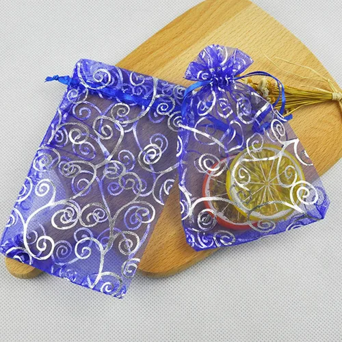Miniatura 7 de 100 unidades por paquete, bolsas de envoltura de regalo de 5 x 7 pulgadas, ratán azul, tela transparente de organza, bolsas con cordón para regalos