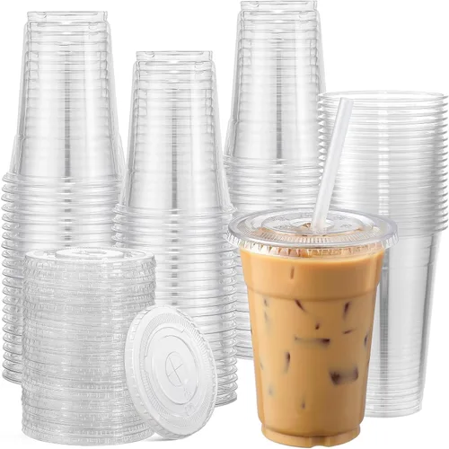 Miniatura 7 de AOZITA Juego de 120 vasos de plástico transparente de 16 onzas con tapas, vasos desechables con tapas con ranura para popote para bebidas frías