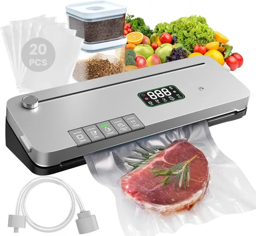 Máquina selladora al vacío de alimentos, succión fuerte de 75 KPa, temporizador digital, cortador integrado, función de pulso, modos seco y húmedo,