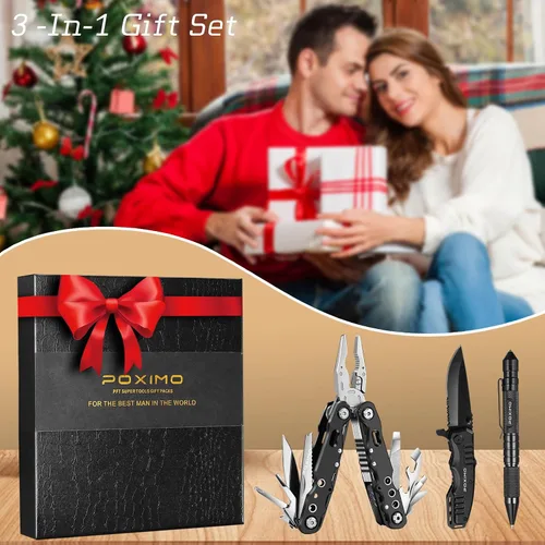 Miniatura 8 de Juego de regalo multiherramienta para hombres, para papá, él, kit de supervivencia EDC 3 en 1 con alicates múltiples 14 en 1, cuchillo de bolsillo
