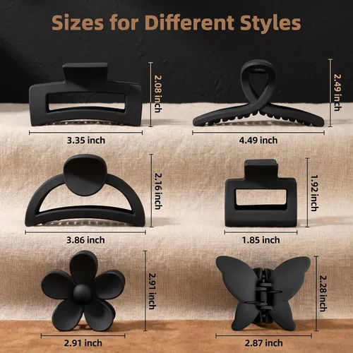 Miniatura 2 de Paquete de 6 accesorios antideslizantes mate para el cabello, pinzas de garra en negro para cabello fino y grueso, que van desde 1.85 a 4.5