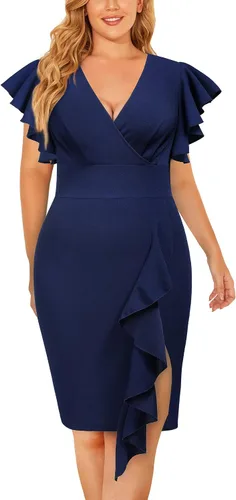 Miniatura 5 de Miusol Vestido de tubo vintage con cuello en V para mujer, talla grande, manga con volantes, para negocios, cóctel, fiesta