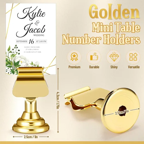Miniatura 2 de Kathfly 24 soportes para números de mesa de boda de 1.7 pulgadas, mini soportes de metal dorado para tarjetas de lugar a granel, soportes