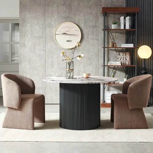 Miniatura 8 de Homedot Juego de mesa de comedor de 3 piezas para 2, mesa de cocina redonda de 47" y sillas de comedor tipo barril tapizadas en marrón, juego