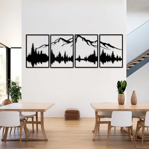 Miniatura 4 de YIYA 4 piezas de arte de pared de metal de montaña, decoración de pared de metal negro decorativo de bosque grande, esculturas de pared verticales