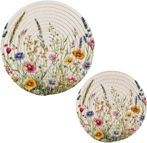 Miniatura 11 de Blueangle Juego de 2 agarraderas redondas tejidas de algodón trenzado de girasoles y girasoles amarillos, manteles de mesa para cocinar y hornear