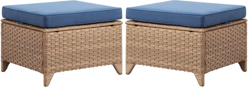 Miniatura 12 de Belord Juego de 2 taburetes otomanos de mimbre de ratán para todo tipo de clima, con cojines suaves para muebles de patio Cojín de mimbre gris