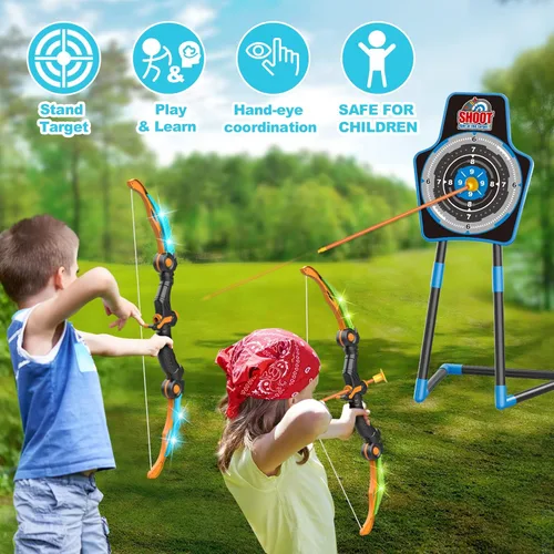 Miniatura 5 de SpringFlower 2 Bow and Arrow Sets with LED Light-up,2 Foam Dart Guns for Kids 5 6 7 8 9 10+ Years Old, Archery Set with Standing Target for Boys &