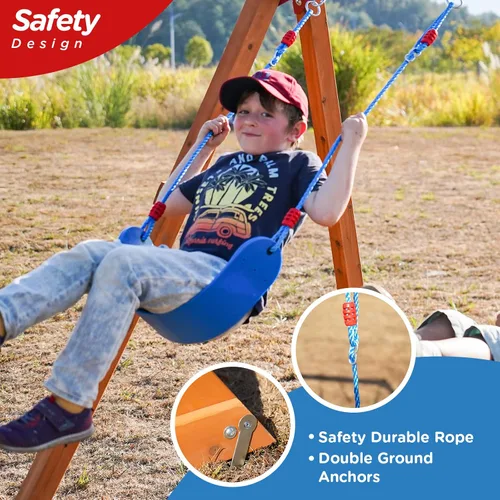 Miniatura 5 de Conjuntos de columpios de madera Dolphin Playground para el patio trasero con tobogán de 1.83 m, juego al aire libre para niños con fosa de arena