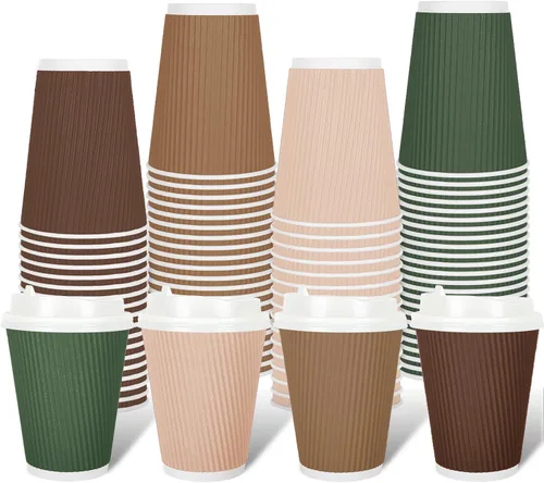 Miniatura 14 de Whaline 100 tazas de café desechables de color azul polvoriento de invierno con tapas, tazas de papel azul degradado de 12 onzas, tazas calientes