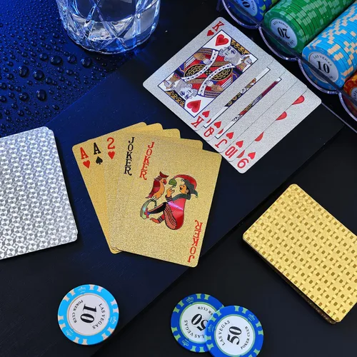 Miniatura 2 de Joyoldelf 2 barajas de cartas de juego de 24 quilates, póquer impermeable con patrón de dólar en caja de regalo, 1 oro + 1 plata