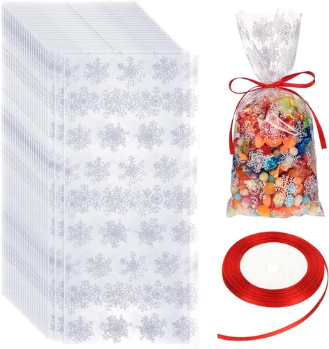 Miniatura 9 de Boao 100 piezas de bolsas de celofán para golosinas de Navidad con copos de nieve, bolsa de dulces con cinta para suministros de fiesta de Navidad