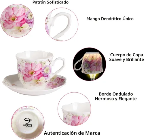 Miniatura 8 de GuangYang Juego de 6 tazas de té y platillos de porcelana de 7 onzas, diseño floral rosa, elegante juego de regalo para amantes del té, café
