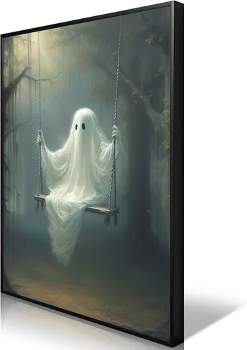 Nanxiwofee Lienzo decorativo vintage con diseño de fantasma, divertido fantasma enmarcado en un columpio en el bosque, decoración de pared gótica