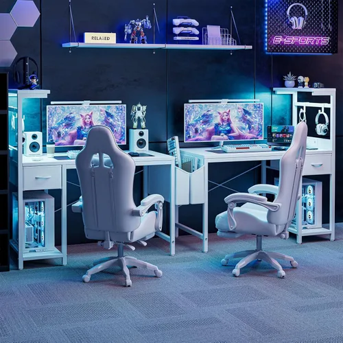 Miniatura 4 de Grandder - Escritorio de juegos de 40 pulgadas con toma de corriente y luz LED, escritorio para computadora con estantes reversibles y cajón