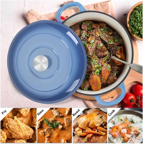 Miniatura 7 de TeamFar 6QT Horno Holandés con Tapa, Olla de Cocina de Hierro Fundido Esmaltada Antiadherente para Guisar, Hornear, Brasear, Apto para Varias Azul