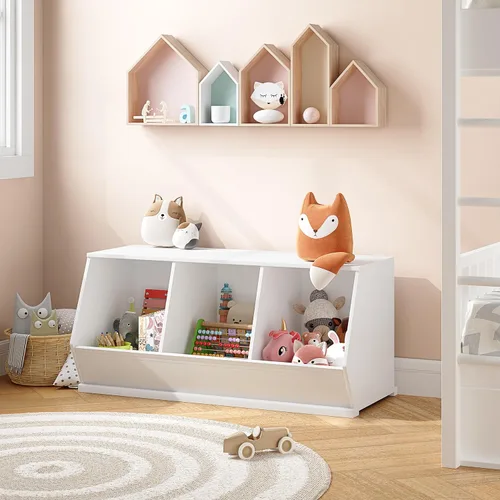 Miniatura 9 de UTEX Armario apilable de almacenamiento de juguetes, organizador de cubos de madera, estante blanco para sala de juegos, dormitorio, sala de estar