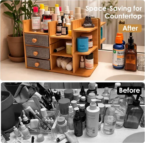 Miniatura 5 de Organizador de maquillaje grande de bambú para tocador, organizador de baño de bambú de 3 niveles de gran capacidad y almacenamiento, soporte
