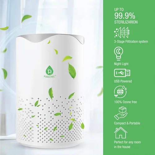 Miniatura 4 de Pursonic Purificador de aire alimentado por USB con luz nocturna para el hogar, oficina, automóvil, cobertura de 100 pies cuadrados, aire limpio