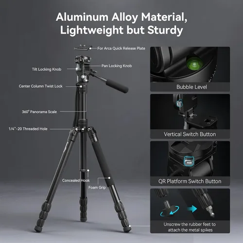 Miniatura 4 de SmallRig CT195 Kit de trípode de video, trípode de cámara de 73 pulgadas con cabezal fluido de inclinación panorámica para disparo