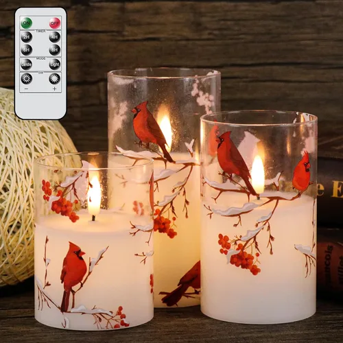 GenSwin Velas de cristal sin llama Red Bird con temporizadores remotos, funciona con pilas, luz LED parpadeante con mecha 3D, velas de pilar de cera