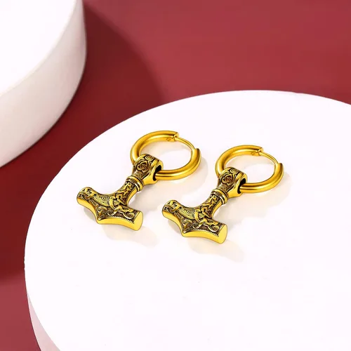 Miniatura 8 de FaithHeart Aretes de aro vikingo para hombre, ligeros, de acero inoxidable, aretes colgantes retro de mitología nórdica, regalo para papá y hermanos