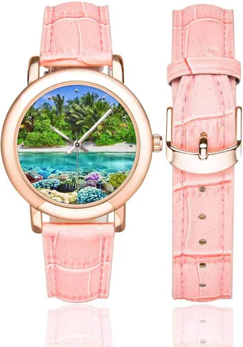 Miniatura 2 de InterestPrint Tropical Beach Chair Starfish - Reloj de pulsera con correa de cuero rosa para mujer