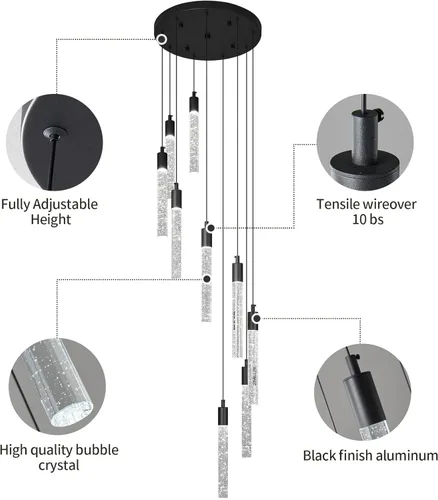 Miniatura 8 de Candelabro moderno de 9 luces para sala de estar, lámparas colgantes de techo de cristal negro, LED, regulables, 54 W, 6000 K, escaleras, grandes