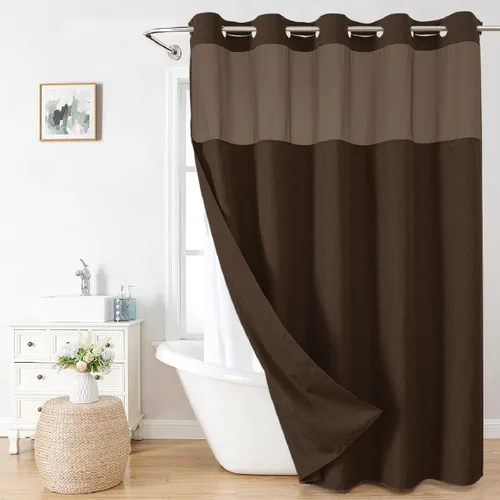 Miniatura 7 de eachope-Cortina de ducha de lino texturizado, forro de tela a presión, no necesita ganchos, ventana superior de malla, cal. hotelera de lujo, Crema