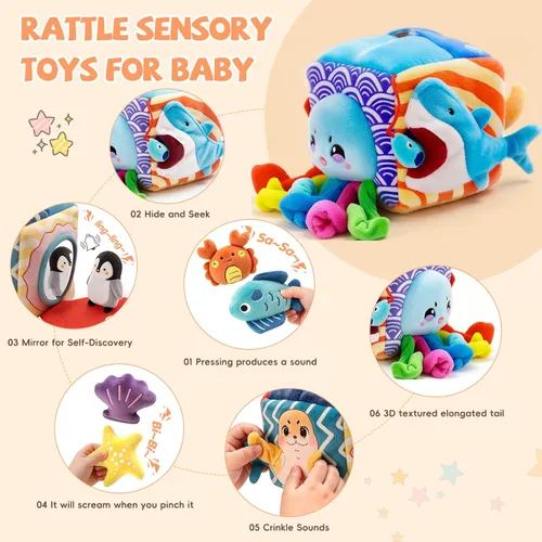 Miniatura 2 de SAIMAND Juguetes para bebés de 6 a 12 meses – Caja suave misteriosa con 5 animales marinos de peluche, sonajero, papel crujiente y espejo – Juguetes
