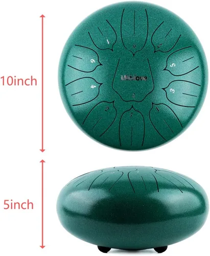 Miniatura 4 de Tambor de lengua de acero, tambor de tanque de mano, 11 notas, instrumento de percusión de meditación de 10 pulgadas con mazos, púas de dedos, Verde