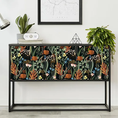 Miniatura 7 de VEELIKE Papel tapiz floral negro para despegar y pegar, papel de contacto floral seco silvestre para armarios, cajones, paredes, 17.7 x 354