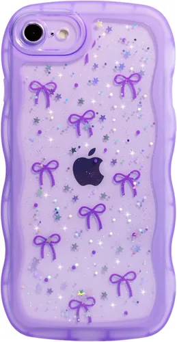Miniatura 108 de Qokey Funda para iPhone 12 Pro Max de 6.7 pulgadas, diseño de onda rizada, borde transparente, brillante con purpurina, estrella brillante, bonita