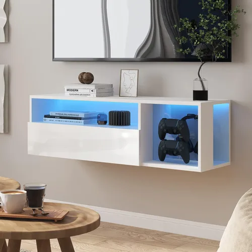 Miniatura 9 de SogesPower Soporte flotante para TV montado en la pared con luces, soporte de TV LED, centro de entretenimiento flotante con almacenamiento