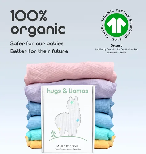 Miniatura 2 de Hugs & Llamas Sábana bajera ajustable de muselina de algodón 100% orgánico Sábanas de cuna premium para niños y niñas Sábanas orgánicas