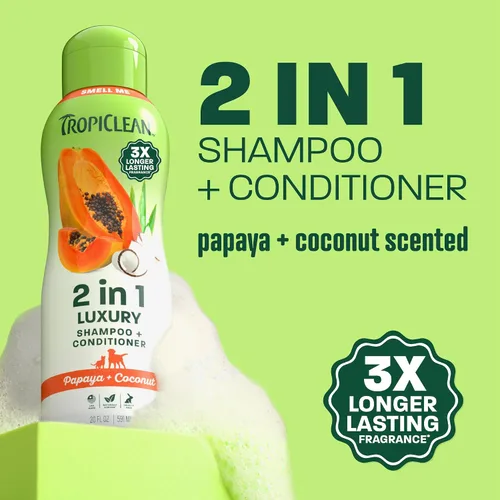 Miniatura 2 de TropiClean Champú y acondicionador 2 en 1 para perros, aroma a papaya de larga duración, desenredante hidratante para perros, seguro para cachorros
