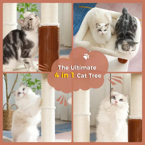 Miniatura 4 de Torre de árbol para gatos grandes, poste rascador para gatos con auto peluquero para gatos, cama superior de 20 x 15.7 pulgadas de ancho, poste Beige