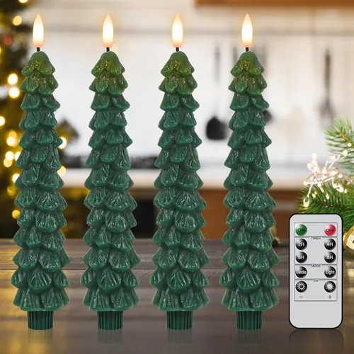 Velas de árbol de Navidad con temporizador remoto, 4 velas cónicas cerosas sin llama parpadeantes, candelabros LED a pilas con mecha de llama 3D,