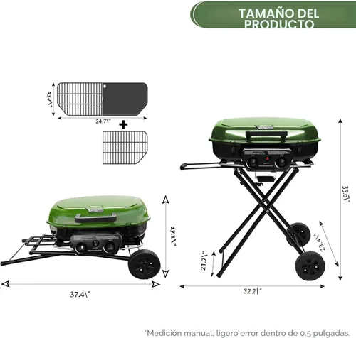 Miniatura 9 de Parrilla de gas portátil Brand-Man, parrilla de propano con soporte vertical y carro plegable y encendido de botón, ideal para camping, portón Verde