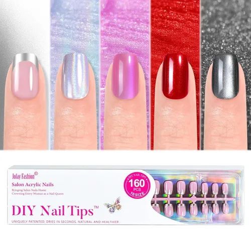 Uñas Postizas Cortas de 5 Estilos, Jofay Fashion 160 Piezas Uñas Postizas Tipo Salón con Diseños de Cromo/Láser Arcoíris/Ojo de Gato Luz