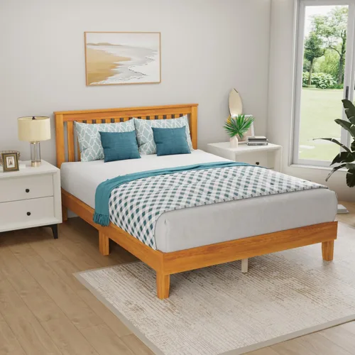 Miniatura 9 de MKDLUFEI Marco de cama de madera, cabecera y marco King con cabecera completa, marco de cama de madera con 14 listones de madera fuertes, cama