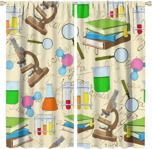 Miniatura 74 de Cortinas opacas para ventanas de ciencia para niños, lupa de libro de laboratorio de ciencia, lupa, frascos moleculares, cortinas impresas